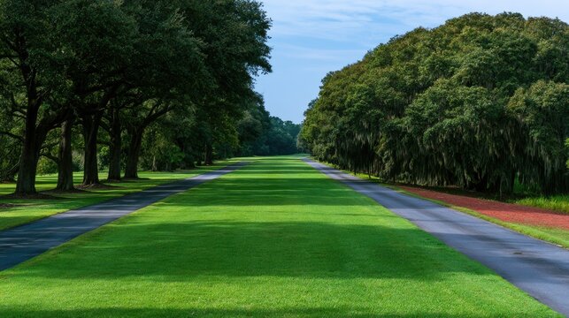A long, manicured green lawn borders paved roads, shaded by tall, leafy trees