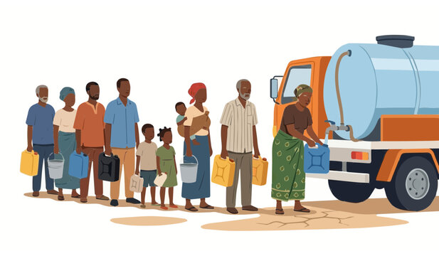 People lining up with containers to get clean drinking water from a supply truck in a drought area.