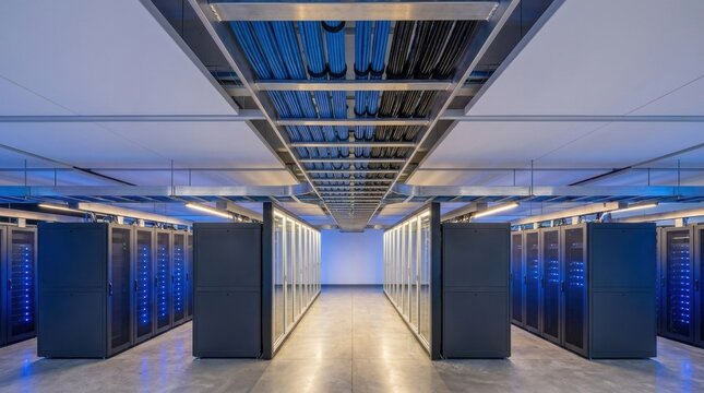 Bright data center pictures showing a centered overhead cable ladder above clean server rows, blue and black structured cabling, glass cabinet fronts, open floor space, and balanced facility design