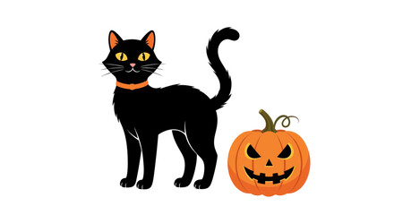 Fototapeta premium Halloween Black Cat with Jack O Lantern Pumpkin Illustration