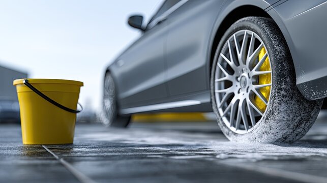 Yellow bucket near car wheel with soapy water on pavement