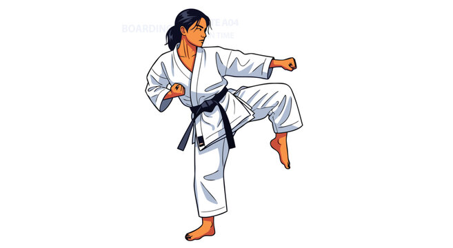 Illustration of a young woman performing a martial arts kick in a karate gi, vector art of a female fighter practicing karate