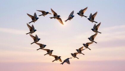 Fototapeta premium Flock of birds flying in a heart-shaped formation against a pastel sunrise sky