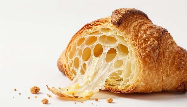 Close-up of a torn flaky croissant with stringy melted cheese, golden buttery layers and scattered crumbs on a white background