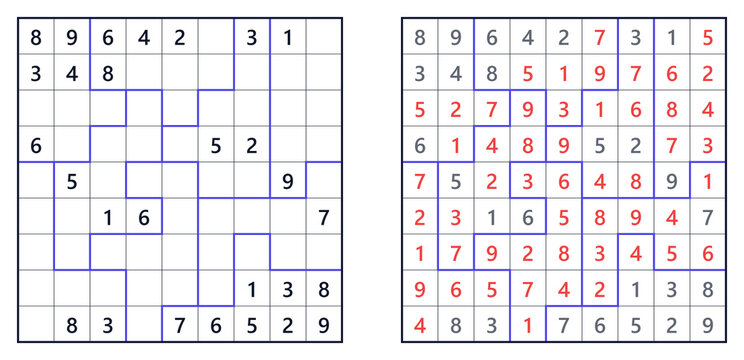Sudoku Jigsaw Hard puzzles with empty and filled squares on white background  