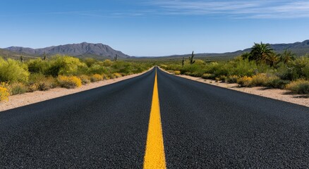 Obraz premium Long, empty desert highway stretching towards distant mountains under a clear blue sky