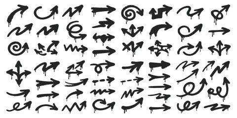 Set of hand drawn graffiti arrows with spray paint drip texture in black ink for urban street art design elements © ZenVectors