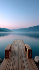 Obraz premium Wooden pier extends over calm lake at dawn, soft mist over water, tranquil mountain landscape, serene blue sky, peaceful atmosphere