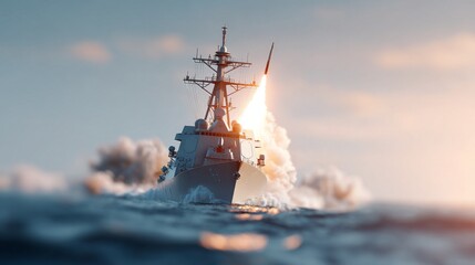 Obraz premium A warship launching a missile amidst a dramatic ocean backdrop.
