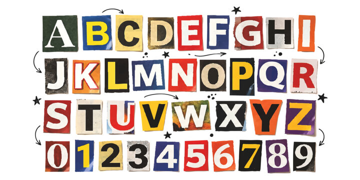 Alphabet and numbers set made from colorful magazine cutout letters and digits in a ransom note style collage