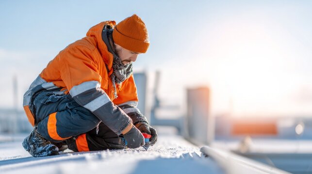 Male construction worker in orange gear working on rooftop in winter sunlight.
