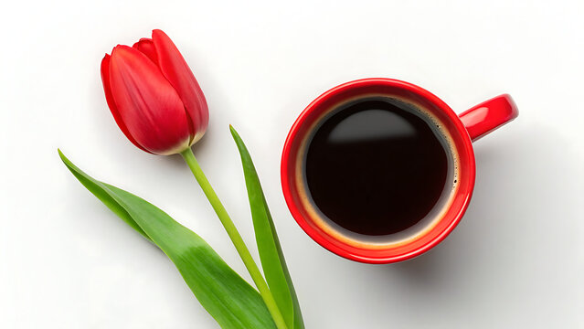 A single vibrant red tulip flower lying next to a red ceramic cup filled with black coffee on a clean white background, down view, flat lay