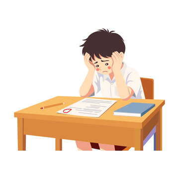 Sad Elementary School Boy Feeling Stressed After Failing Classroom Test Illustration