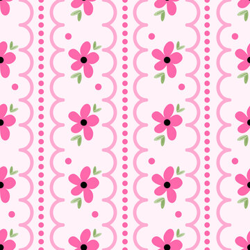Elegant seamless pink floral stripe pattern with large blossoms and wavy dots laces for feminine apparel background