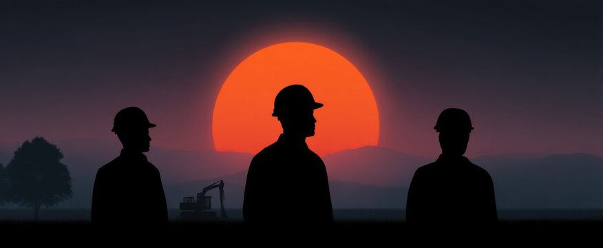 Engineers dance like shadows beside a giant excavator at sunrise on a construction site