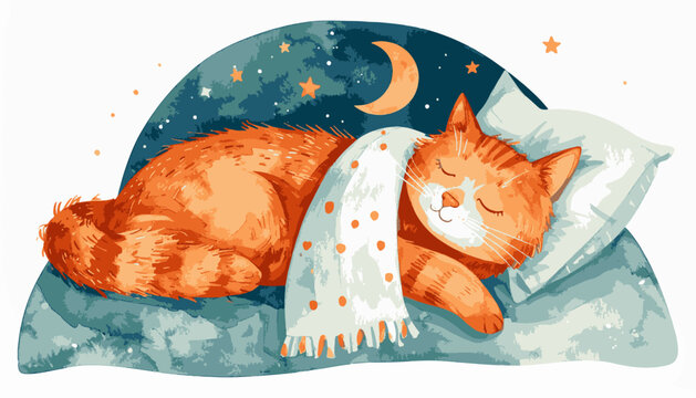 An orange tabby cat sleeps soundly under a starry, moonlit sky