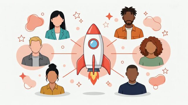 Diverse business team collaborating to launch a rocket, symbolizing a successful startup. Innovation, teamwork, and growth concepts. Modern flat illustration