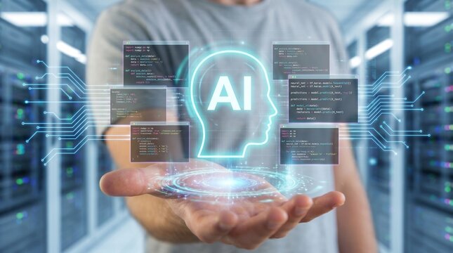 Man holding digital ai brain with code interface in data center symbolizing artificial intelligence and machine learning concept