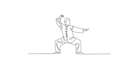 Fototapeta premium A continuous line drawing of a person practicing martial arts in a fighting stance with one arm raised and the other extended