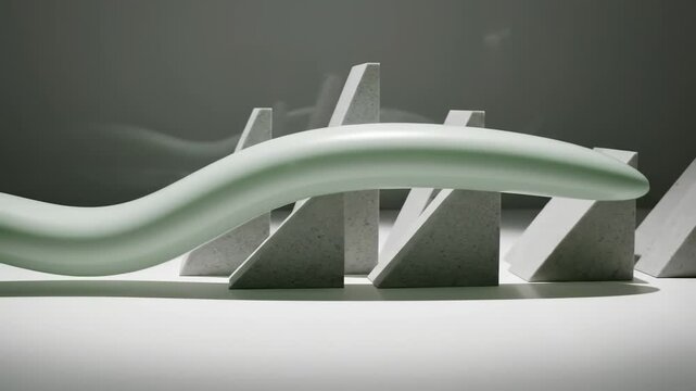 Curved forms smoothly undulate across a stark, shadowy backdrop, while angular concrete shapes rise in contrast. This artistic interplay reveals the beauty of modern design and AI creativity.