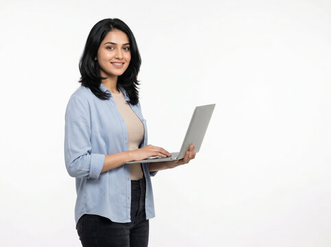 premium indian female university student using laptop for online education remote work internship and smart youth lifestyle concept