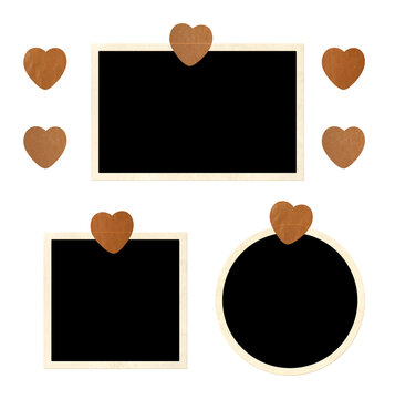 Set of  frame photos with heart-shaped adhesive tape pieces. Pictures album grid for scrapbooking. Vintage style mood board layout. Isolated on white background. Copy space for your text and photo