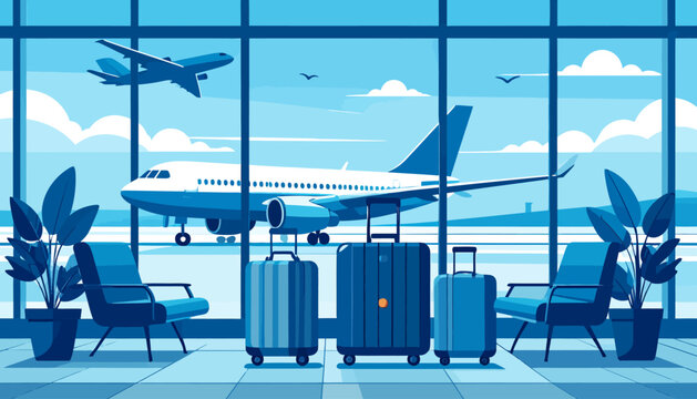 Modern airport lounge illustration with luggage, airplanes on the runway, and a departing plane, reflecting the excitement of international travel and the anticipation of a journey