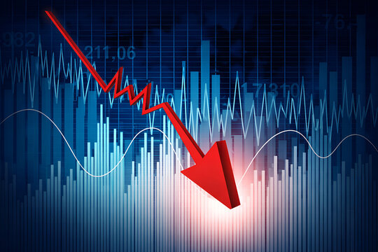 Downward red arrow on financial graph with decreasing trend