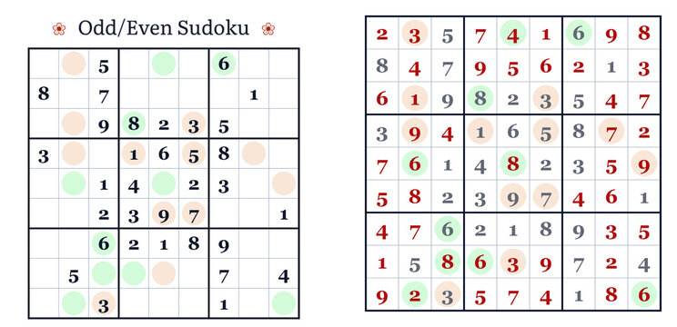 Odd and Even Sudoku puzzle with highlighted numbers and grids  