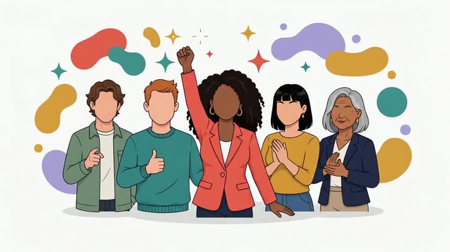 Diverse group of people showing support and empowerment. Inclusive community celebrating success and achievement. Modern flat illustration graphics