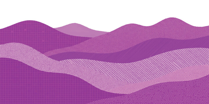 Abstract purple wavy landscape background with flat layers and cross hatch texture lines for modern graphic design