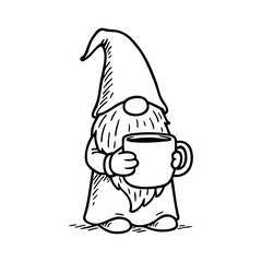 Tiempo de Navidad. Dibujo sencillo con líneas de un gnomo de Santa Claus de pie con una gran taza de café, para tarjetas y felicitaciones de Navidad  © teracreonte