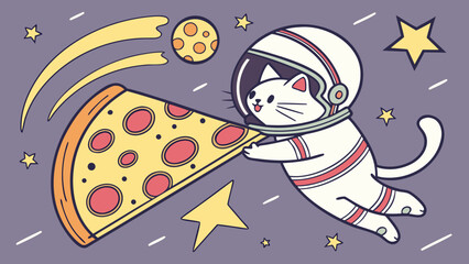 Naklejka premium Surreal astronaut cat eating giant pizza in space, playful absurd humor illustration with quirky elements for gen z social media content