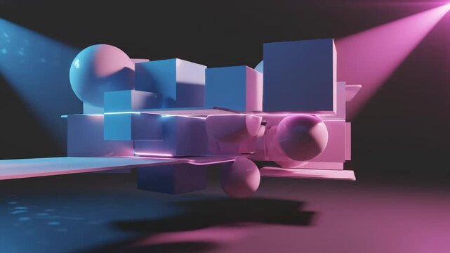 A mesmerizing arrangement of geometric shapes floats gracefully in a dreamlike environment, illuminated by striking hues of pink and blue, creating a sense of movement and harmony.