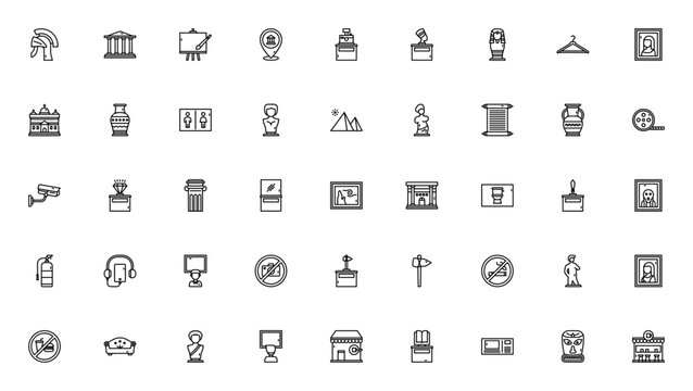 Museum icon set. Minimal thin line icons pack. Featuring Roman helmet, Nefertiti, Sarcophagus, Mona Lisa, Pyramid, Statue, Sculpture, and more. Editable stroke.