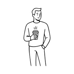 Dibujo sencillo con líneas de un hombre de pie sujetando un vaso de papel con café en una mano, mientras tiene la otra en un bolsillo de los pantalones  © teracreonte