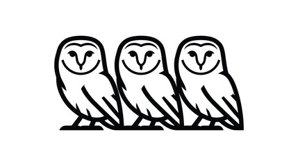 Obraz premium Three identical cartoon outline barn owls in a row on a white