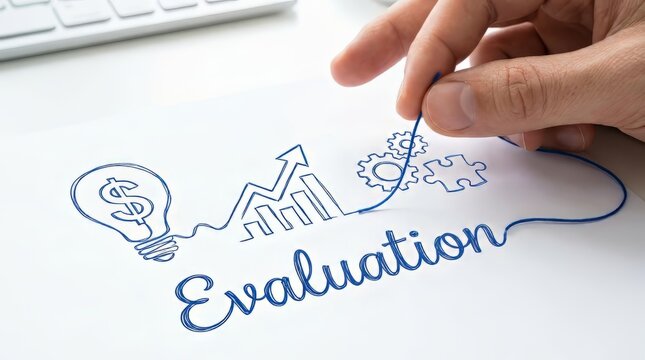 Business evaluation concept with hand holding blue thread forming word and financial growth icons on desk