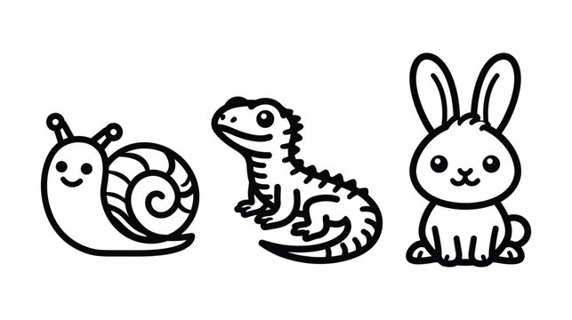 Cartoon outline drawings of a snail lizard rabbit