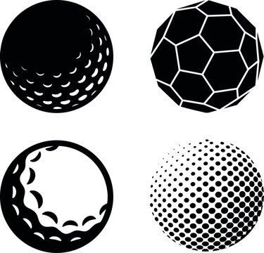 Black silhouette golf balls abstract geometric shapes and dimpled textures.