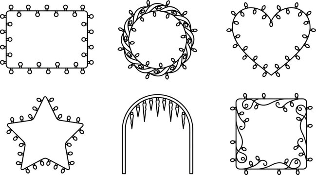 Christmas lights borders and frames vector illustration in various shapes.