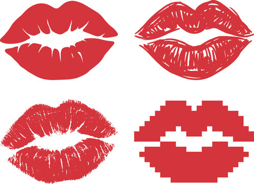 Red lipstick kiss mark set with realistic pixelated hand drawn and flat graphic style icon.