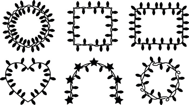 Set of six festive light bulb frames in various shapes including circular and heart forms.