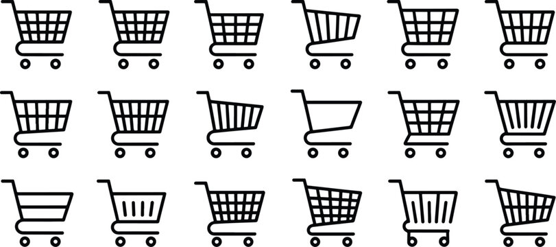 Set of eighteen different shopping cart icons isolated on transparent background