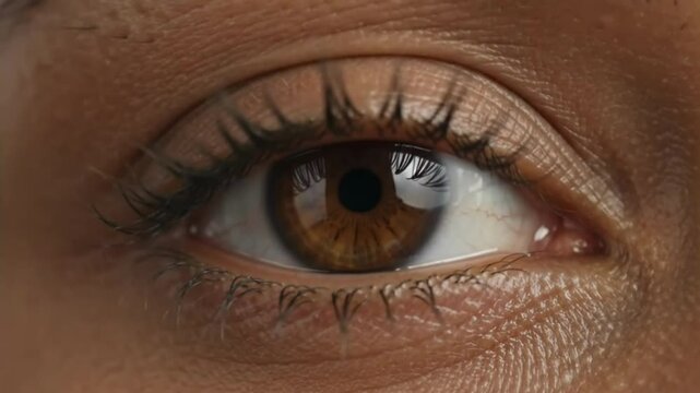 Extreme close-up of a human eye slowly opening and closing with detailed skin texture