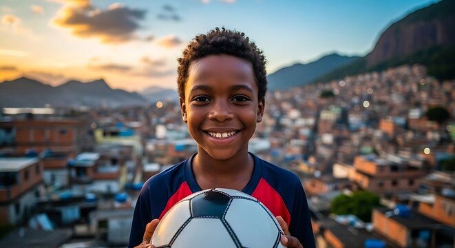 Smiling young boy holding a soccer ball with a favela cityscape and sunset in the background