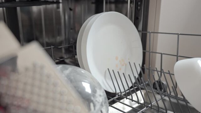 Person loading white plates into open dishwasher rack. Concept of household appliance use and kitchen cleaning routine