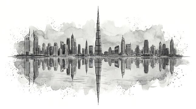 Dubai Skyline Watercolor Illustration for Luxury Travel, Corporate Business Presentations, and Modern Architecture Branding with Reflection.