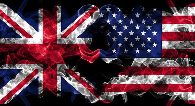 United Kingdom and United States flags formed from swirling smoke against a black background