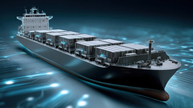 Cargo ship container digital technology high fidelity futuristic transport ocean shipping logistics export